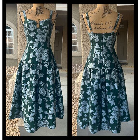 Lulus Emerald Floral Jacquard Drop Waist Major Flirtation Midi Dress Size Small - Picture 6 of 12